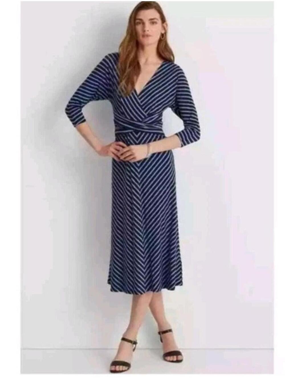 NWOT Women's Ralph Lauren Navy Blue W/White Striped Dress Size 6